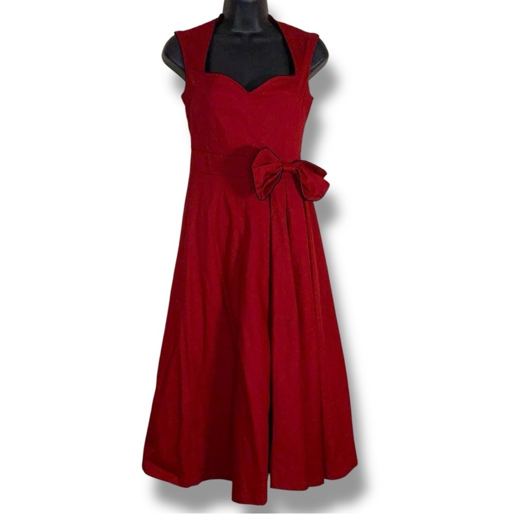 XS Lindy Bop Deep Red Pinup Dress Aline Rockabilly Sweetheart Neckline Stretch